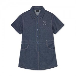 MLB Basic Denim Shirt Dress Tops Dark Grey | USA_MLB68774