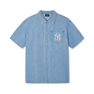 MLB Basic Medium Logo Denim T Shirts Blue | USA_MLB66024