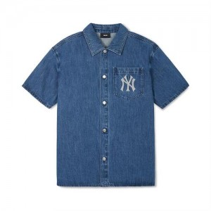 MLB Basic Mega Logo Denim T Shirts Blue | USA_MLB74102