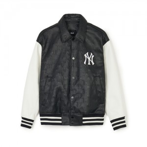 MLB Classic Monogram Vegan Leather Collar Varsitiy Outerwear Black / White | USA_MLB49592