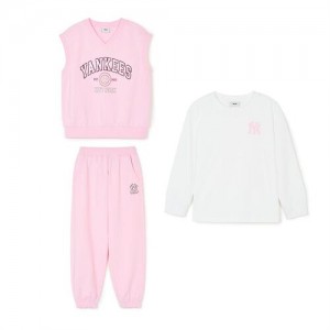 MLB Varsity 3pcs Vest&long Sleeve Set Up Tops Pink | USA_MLB53228