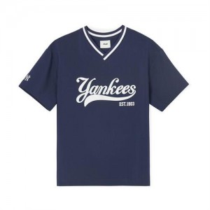 MLB Varsity Woven V-neck T-shirt Tops Navy | USA_MLB56207