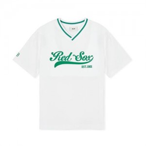 MLB Varsity Woven V-neck T-shirt Tops White | USA_MLB38043