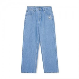 MLB Women`s Basic Medium Logo Wide Denim Pants Bottoms Blue | USA_MLB66672