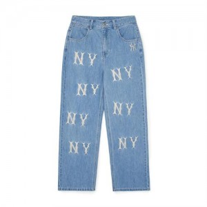 MLB Women`s Basic Multi Mega Logo Embroidery Wide Denim Pants Bottoms Blue | USA_MLB44560