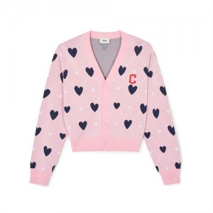 MLB Women`s Heart All Over Pattern Crop Cardigan Sweaters Pink | USA_MLB78675