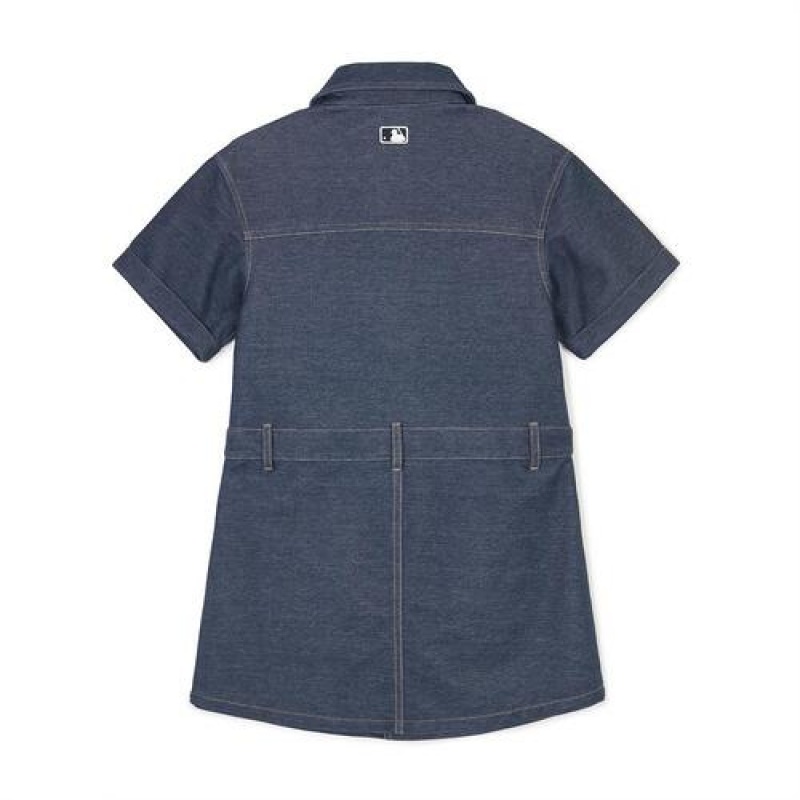 MLB Basic Denim Shirt Dress Tops Dark Grey | USA_MLB68774