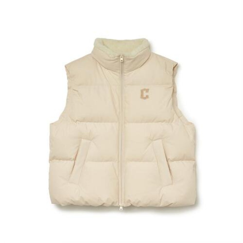 MLB Basic Fleece Reversible Down Vest Cleveland Indians Outerwear Beige | USA_MLB70829