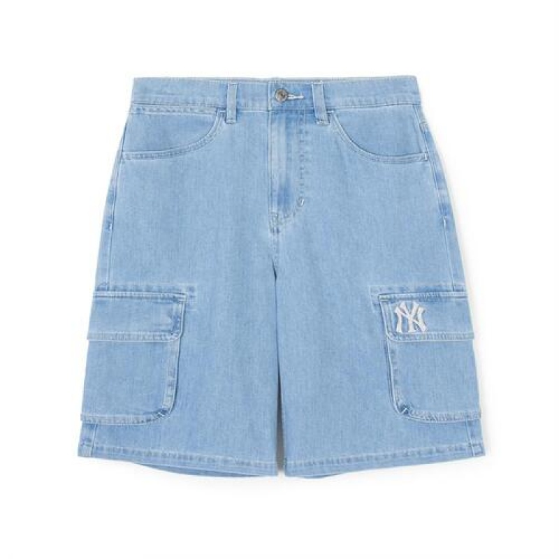 MLB Basic Medium Logo Cargo Denim Shorts Bottoms Blue | USA_MLB69331