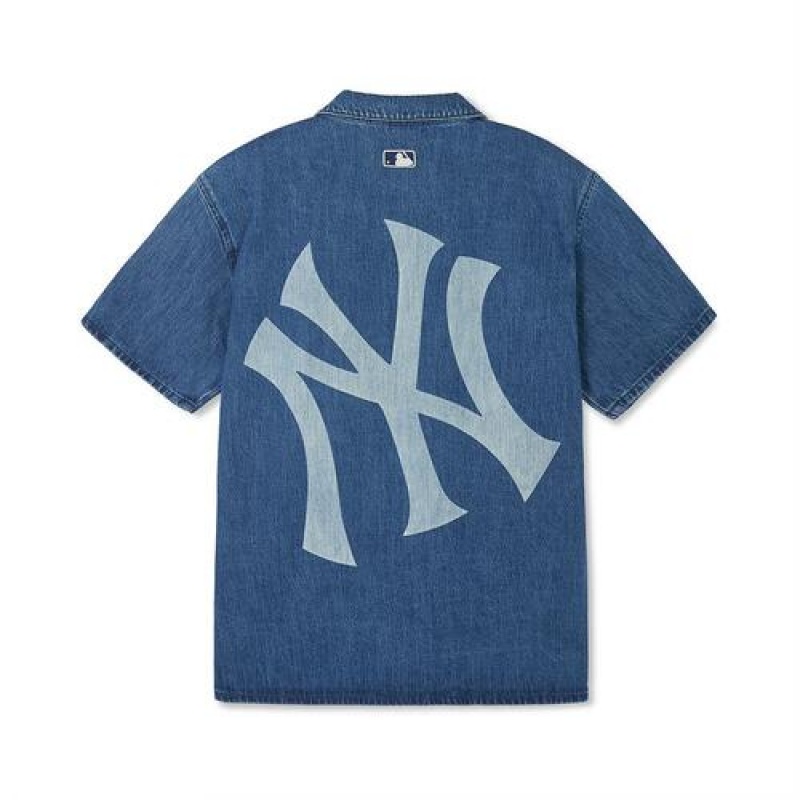 MLB Basic Mega Logo Denim T Shirts Blue | USA_MLB74102