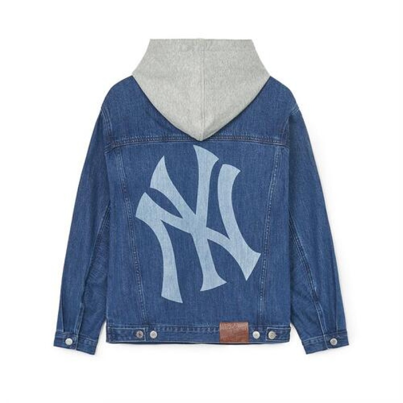 MLB Basic Mega Logo Hooded Denim Outerwear Blue | USA_MLB40798