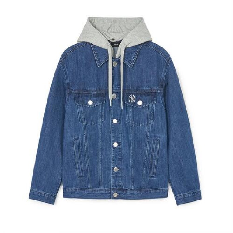 MLB Basic Mega Logo Hooded Denim Outerwear Blue | USA_MLB40798