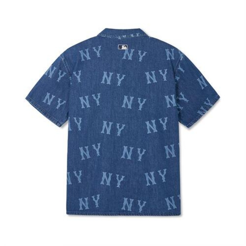 MLB Basic Multi Mega Logo Printed Denim Shirts Blue | USA_MLB89438