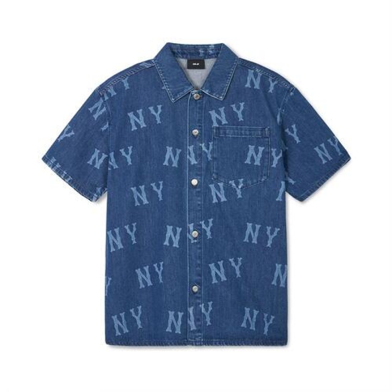 MLB Basic Multi Mega Logo Printed Denim Shirts Blue | USA_MLB89438