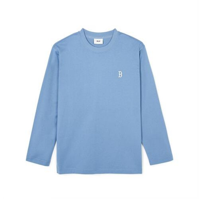 MLB Basic Small Logo Loose Fit Long Sleeve T Shirts Blue | USA_MLB17982