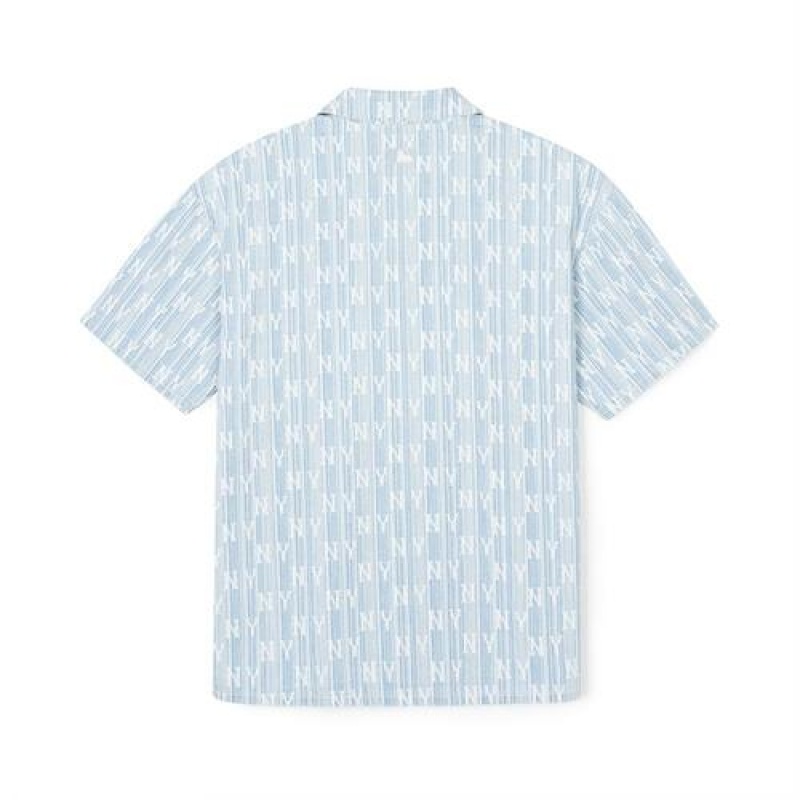 MLB Classic Monogram All Over Stripe Denim Short Sleeve Shirts Blue | USA_MLB62678