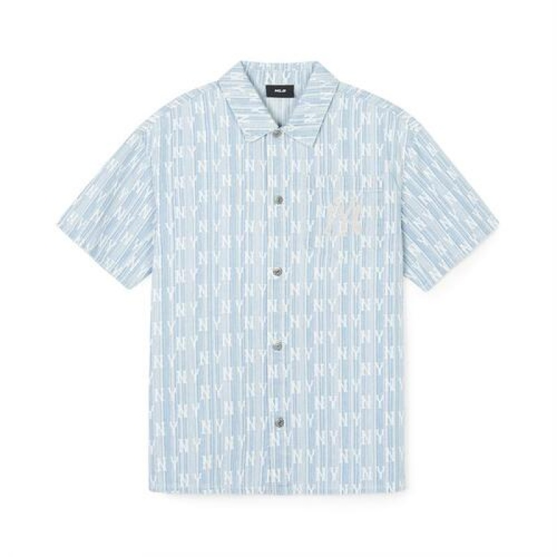 MLB Classic Monogram All Over Stripe Denim Short Sleeve Shirts Blue | USA_MLB62678