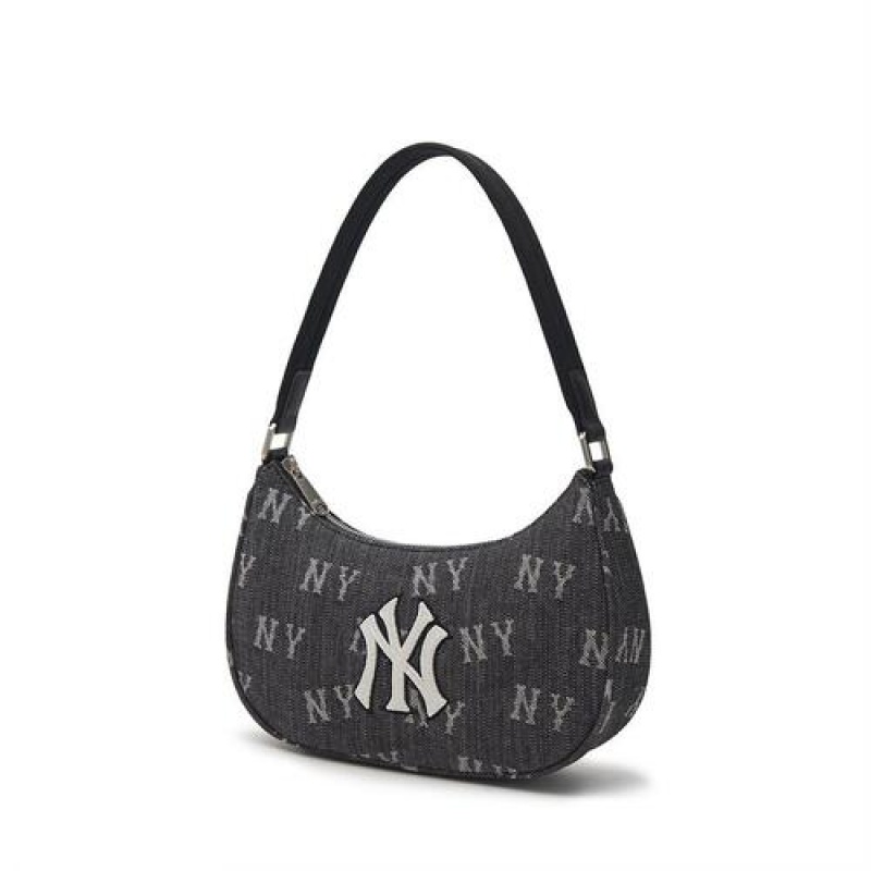 MLB Classic Monogram Denim Hobo Bags Black | USA_MLB17942