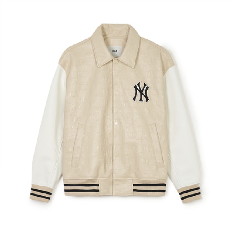 MLB Classic Monogram Vegan Leather Collar Varsitiy Outerwear Beige / White | USA_MLB73754