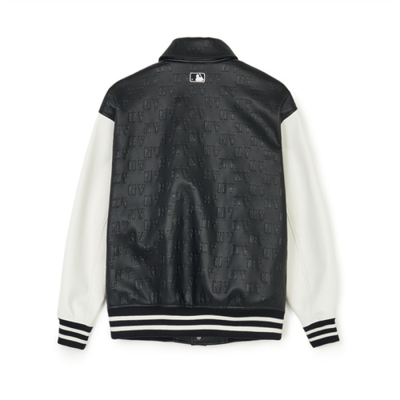 MLB Classic Monogram Vegan Leather Collar Varsitiy Outerwear Black / White | USA_MLB49592