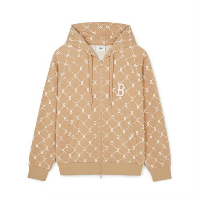 MLB Dia Monogram Jaquard Hood Zip Up Hoodie Beige | USA_MLB74946