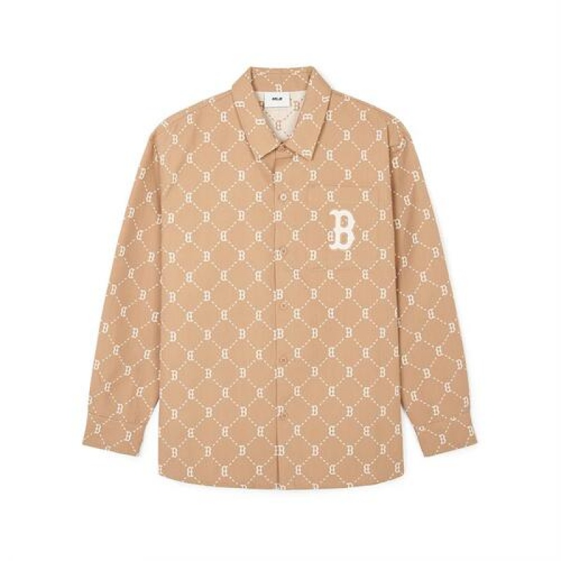 MLB Dia Monogram Jqd Long Sleeve Cotton Button Shirts Beige | USA_MLB16648