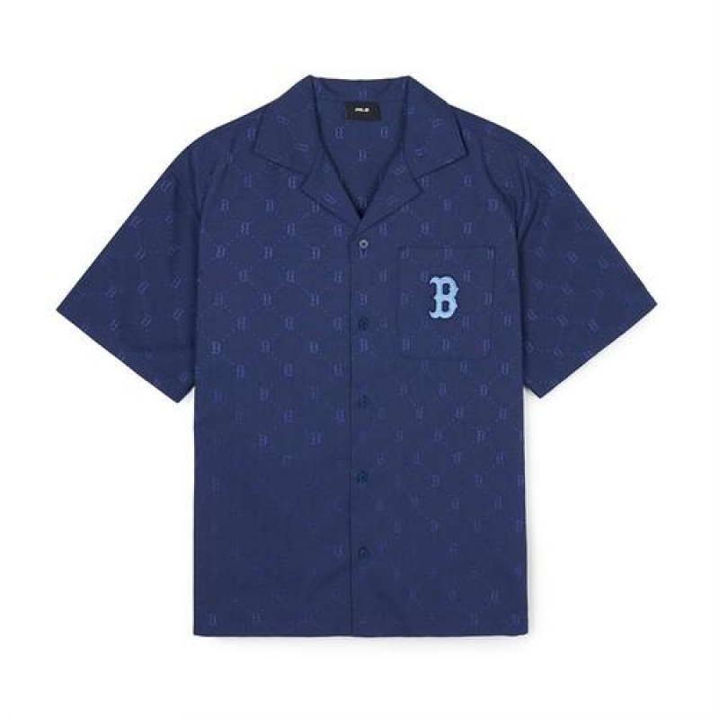 MLB Dia Monogram Jqd Open Collar Short Sleeve T Shirts Blue | USA_MLB57080