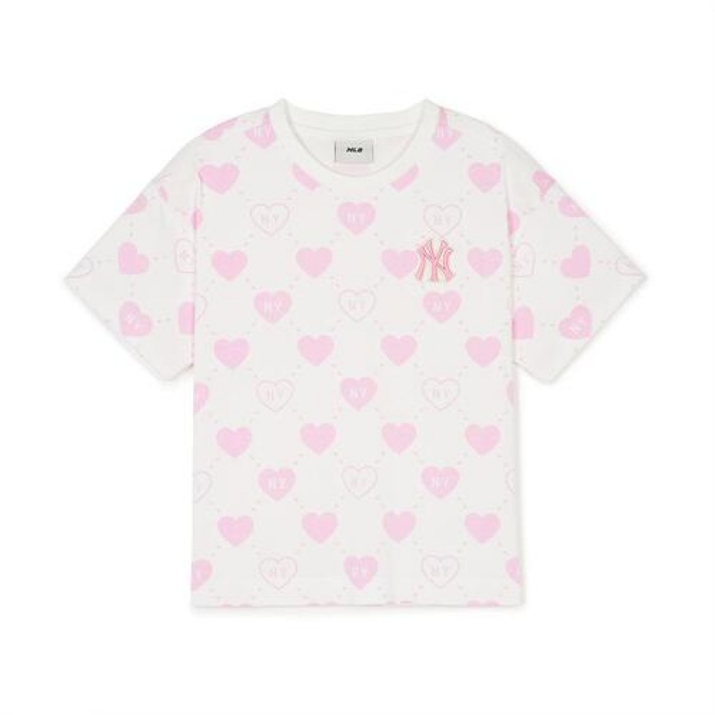 MLB Heart Allover T Shirt Tops Pink | USA_MLB46522