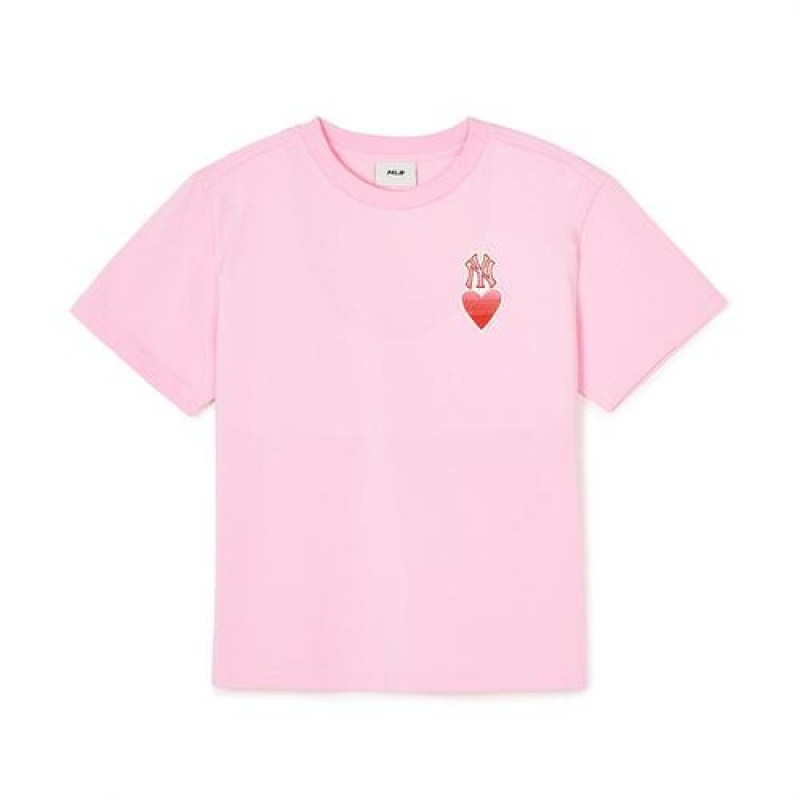 MLB Heart Logo T Shirt Tops Pink | USA_MLB33730