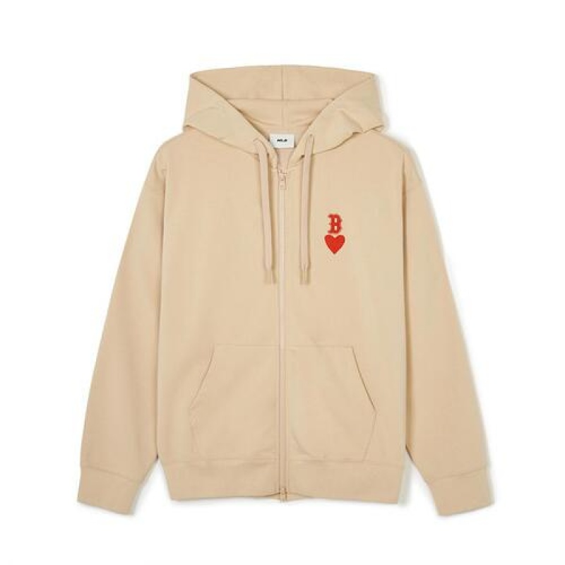 MLB Heart Overfit Hood Zip Up MLB Heart Beige | USA_MLB44616