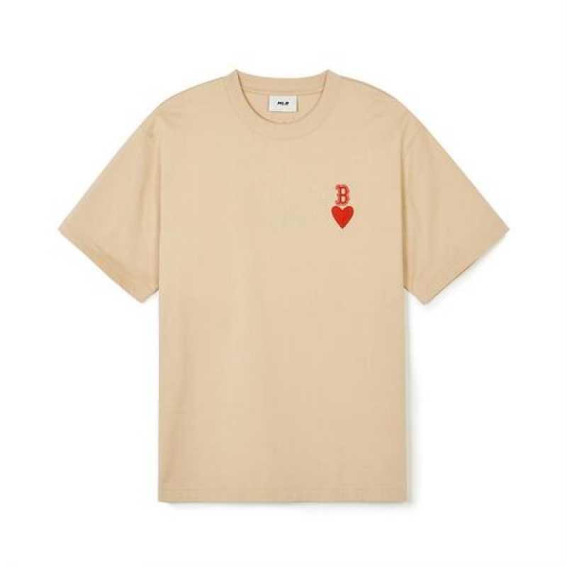 MLB Heart Small Logo Overfit T Shirts Beige | USA_MLB75969