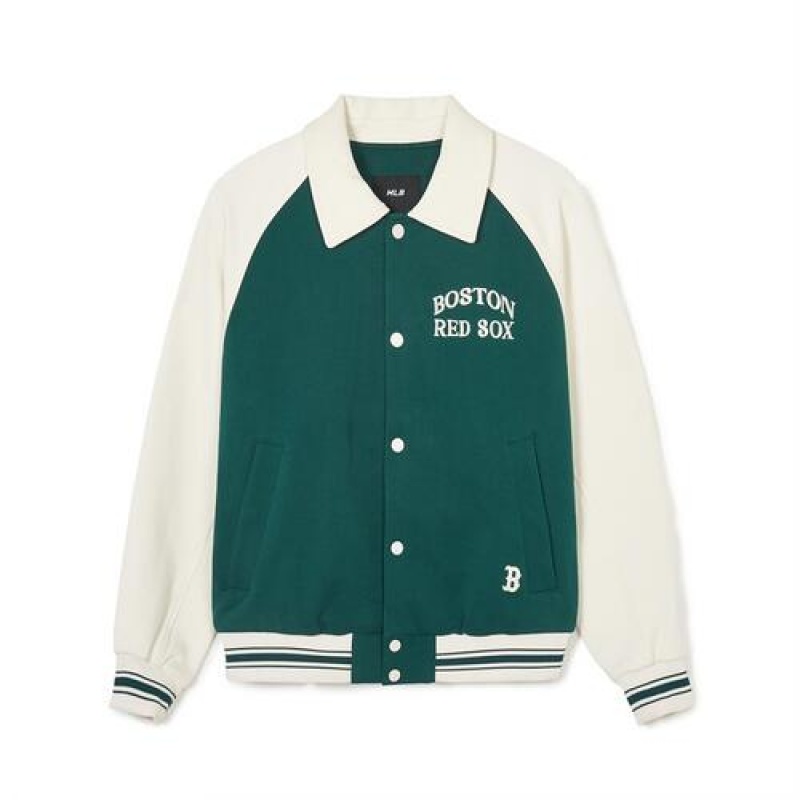 MLB Jersey Collar Raglan Varsity Outerwear Green / White | USA_MLB48490