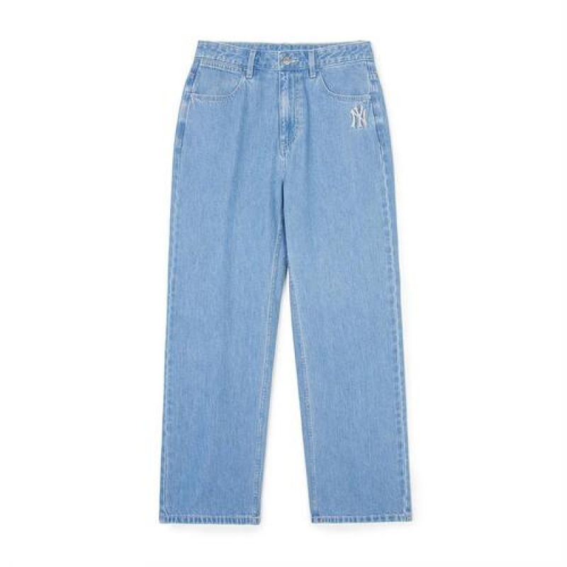 MLB Men`s Basic Medium Logo Wide Denim Pants Bottoms Blue | USA_MLB44139