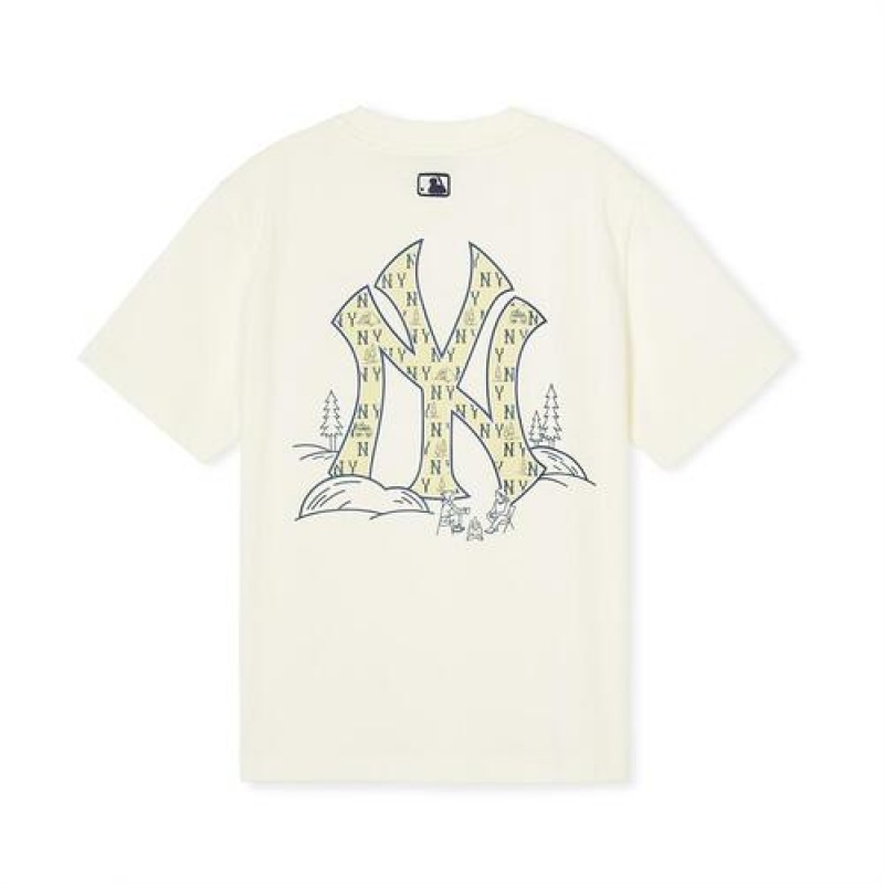 MLB Monogram Camping Big Logo T Shirt Tops Beige | USA_MLB23638