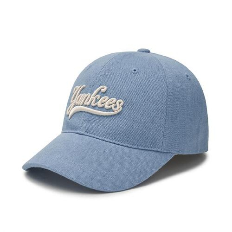 MLB Varsity Cursive Denim Unstructured Baseball Caps Blue | USA_MLB99534