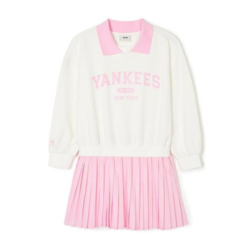 MLB Varsity Sweatshirt Dress Tops White / Pink | USA_MLB93076