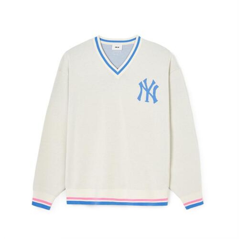 MLB Varsity V Neck Pullover Sweaters White | USA_MLB33537