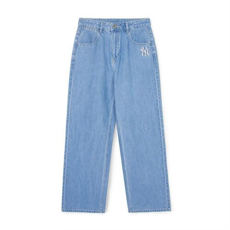 MLB Women`s Basic Medium Logo Wide Denim Pants Bottoms Blue | USA_MLB66672