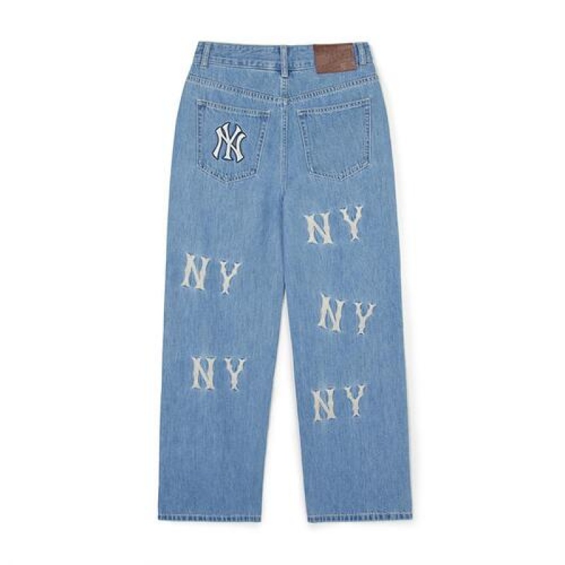 MLB Women`s Basic Multi Mega Logo Embroidery Wide Pants Denim Blue | USA_MLB49891