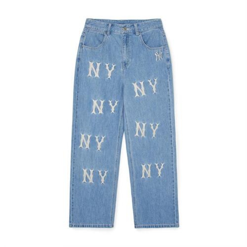 MLB Women`s Basic Multi Mega Logo Embroidery Wide Pants Denim Blue | USA_MLB49891