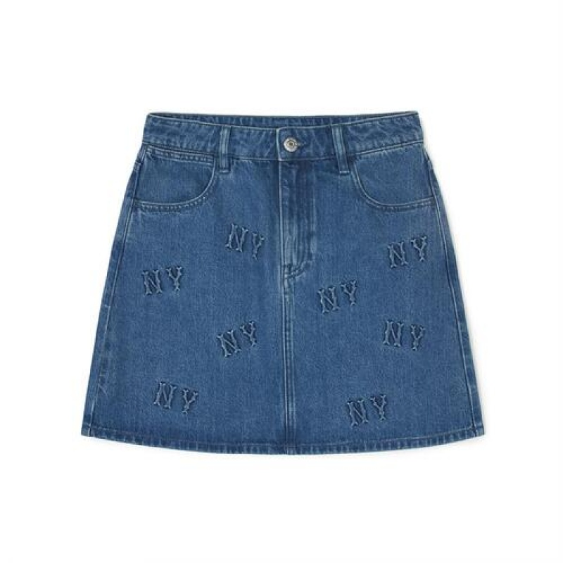 MLB Women`s Classic Monogram Volume Embroidery Skirt Denim Blue | USA_MLB55851