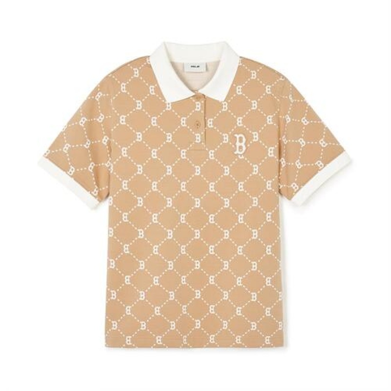 MLB Women`s Dia Monogram Jacquard Polo T Shirts Beige | USA_MLB60303