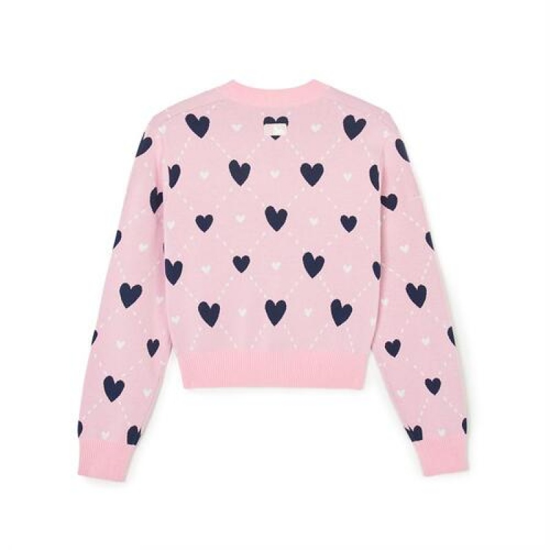 MLB Women`s Heart All Over Pattern Crop Cardigan Sweaters Pink | USA_MLB78675