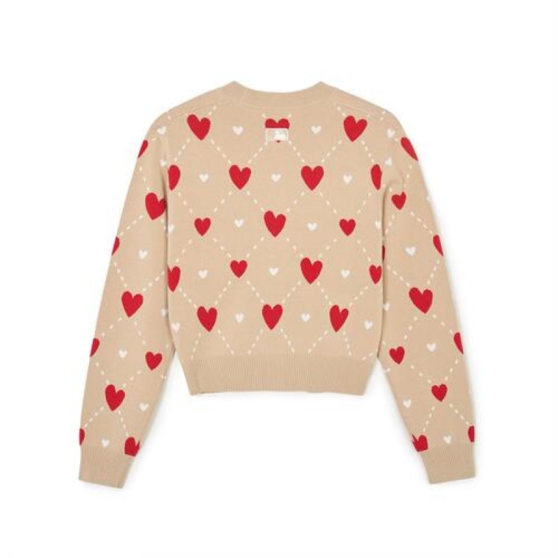 MLB Women`s Heart All Over Pattern Crop Cardigan Sweaters Beige | USA_MLB74657