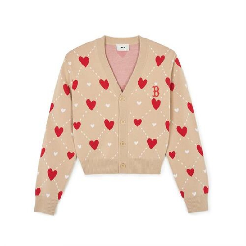 MLB Women`s Heart All Over Pattern Crop Cardigan Sweaters Beige | USA_MLB74657