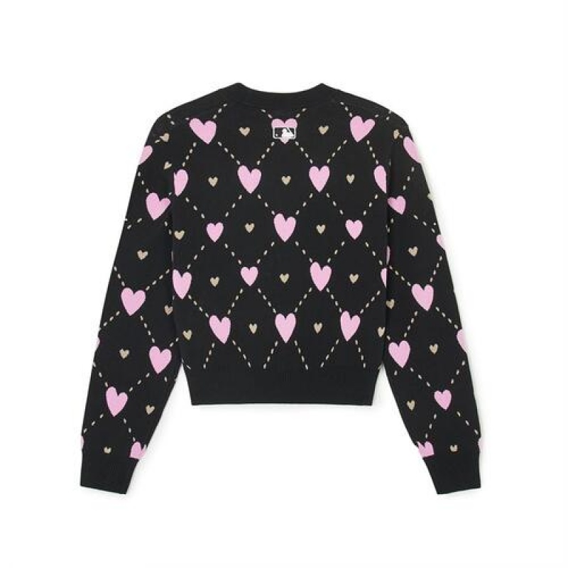 MLB Women`s Heart All Over Pattern Crop Cardigan Sweaters Black | USA_MLB55452