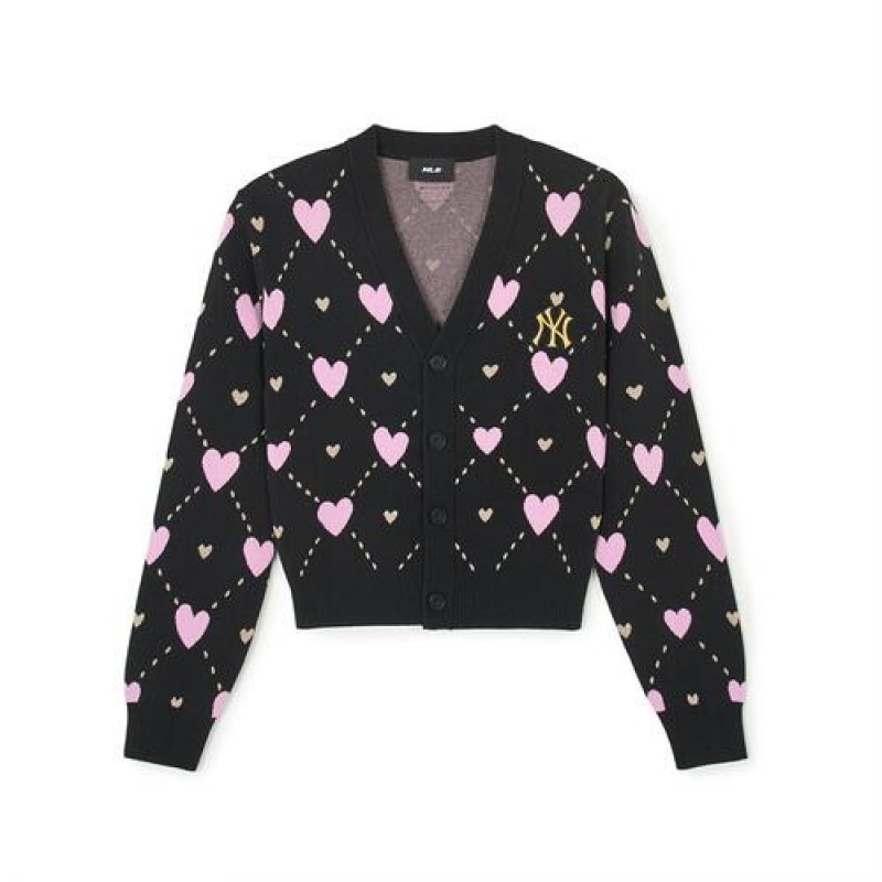 MLB Women`s Heart All Over Pattern Crop Cardigan Sweaters Black | USA_MLB55452