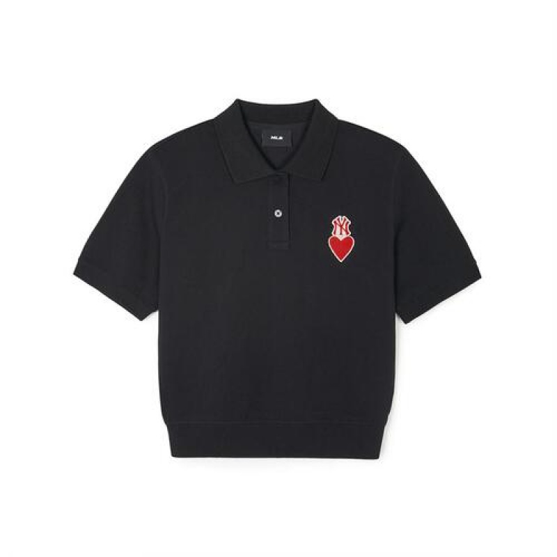 MLB Women`s Heart Crop Polo T Shirts Black | USA_MLB83419