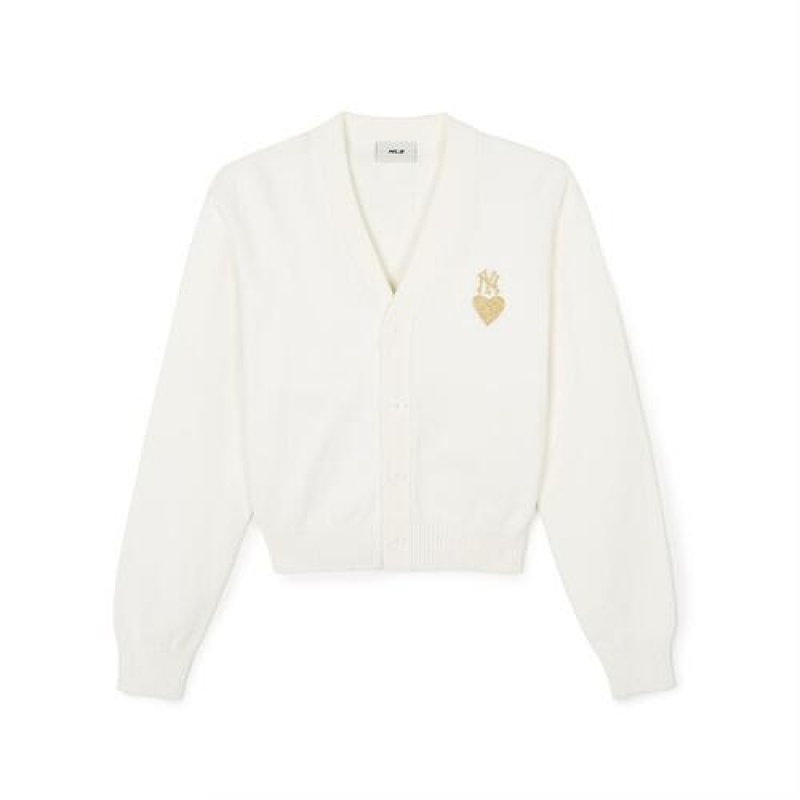 MLB Women`s Heart Wappen Crop Cardigan Sweaters White | USA_MLB62983