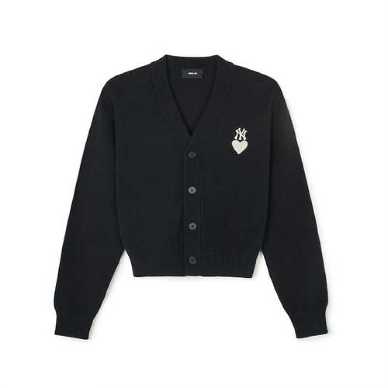 MLB Women`s Heart Wappen Crop Cardigan Sweaters Black | USA_MLB11752